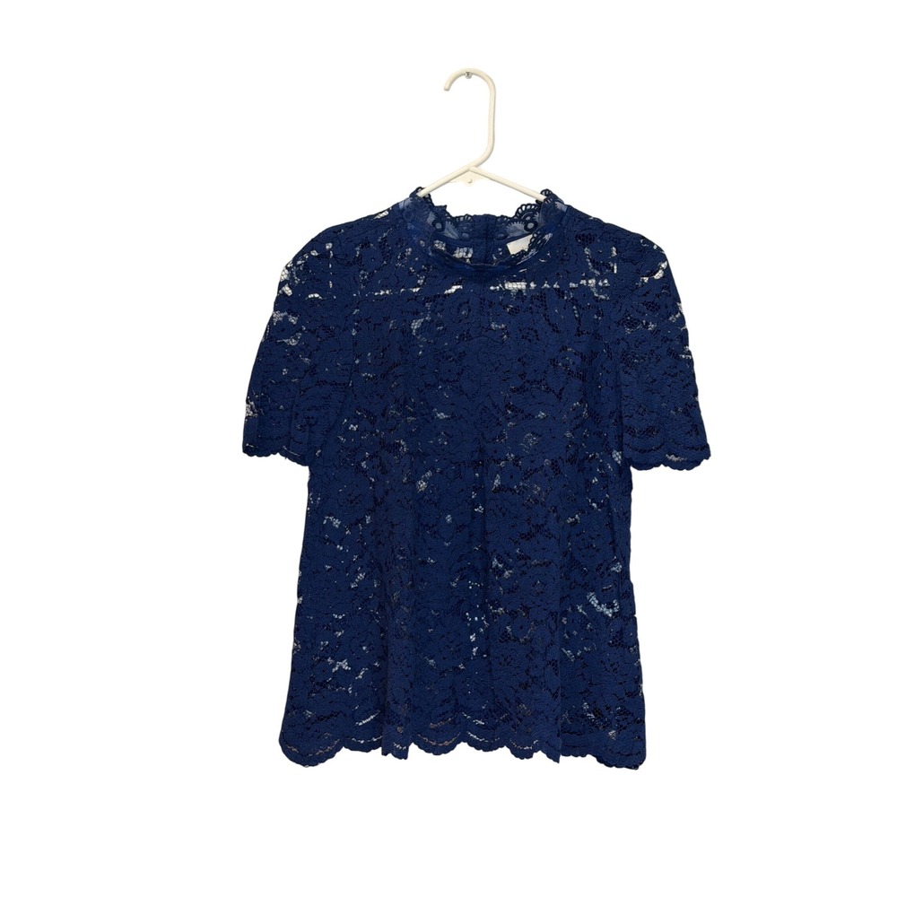 Anthropologie HD in Paris Navy Blue Floral Lace Mock Neck Short Sleeve Top US 4